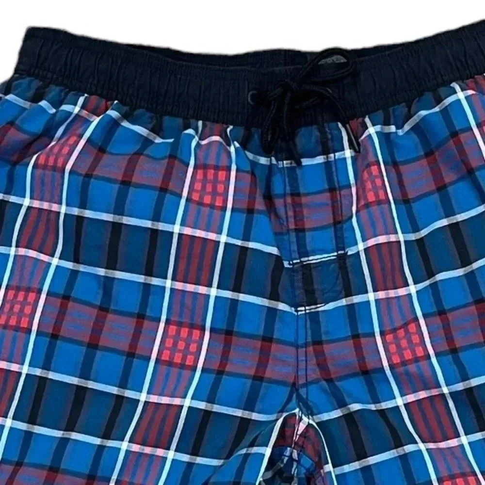 🍀 2/$22 Tommy Hilfiger 7” Mens Blue Red Plaid Swim Trunks size large